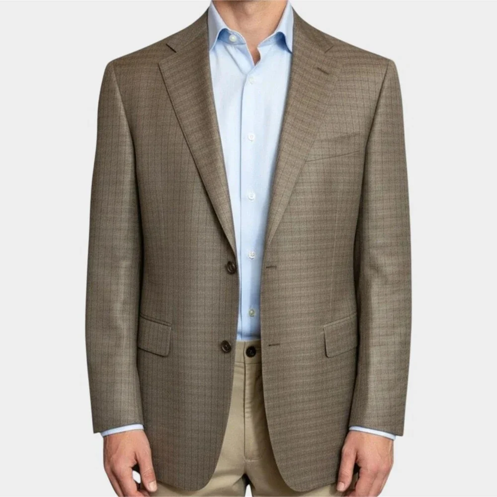 JOSEPH&FEISS Mens 42L Blazer Sport Coat Brown Plaid Silk/Wool 2 Button Jacket